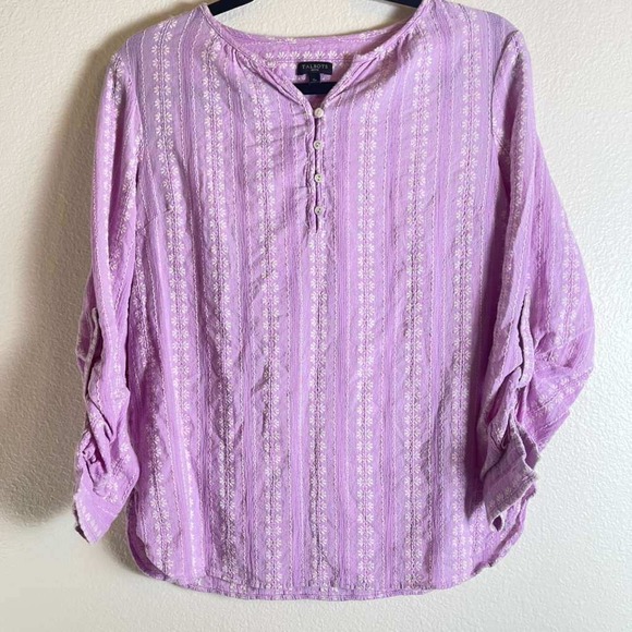 Talbots Tops - Talbots Petite Lavender Purple Cotton Floral Embroidered Henley Blouse SP 2846